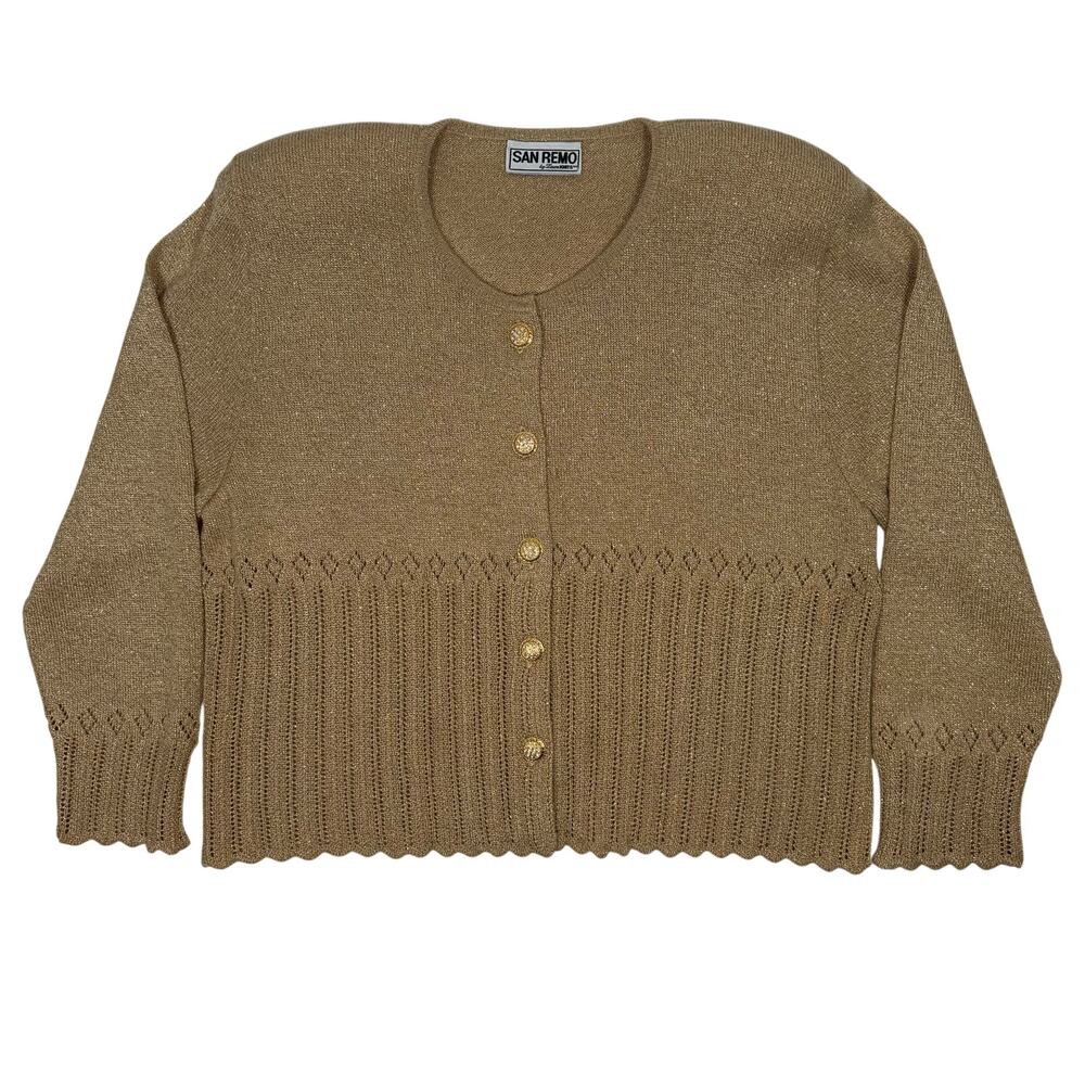 Vintage 80s San Remo Gold Metallic Knit Cardigan Rhinestone Glam Womens Large